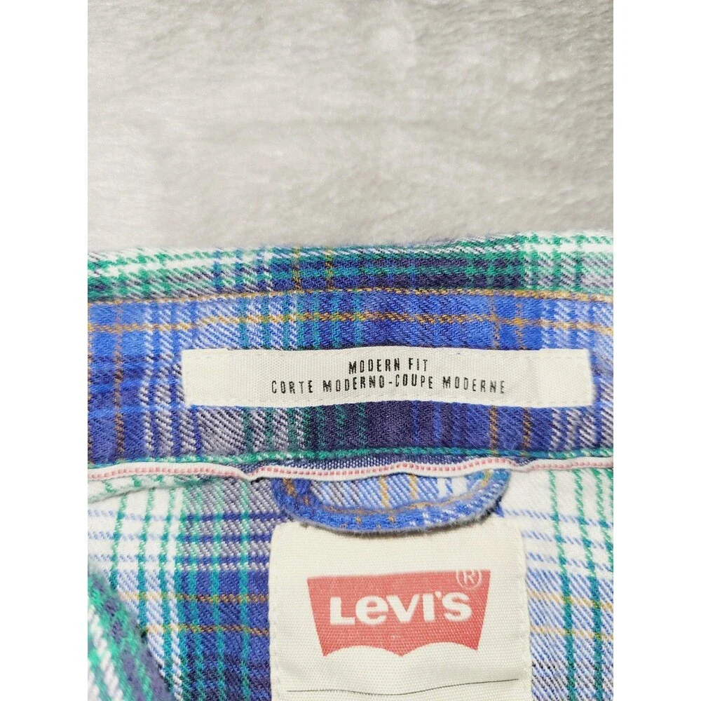 Levi's Western Pearl Snap Shirt Mens Medium Plaid Blue/Green Flannel Button Up